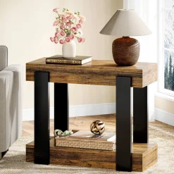 2-Tier End Table, Farmhouse Side Table with Storage Shelf for Living Room