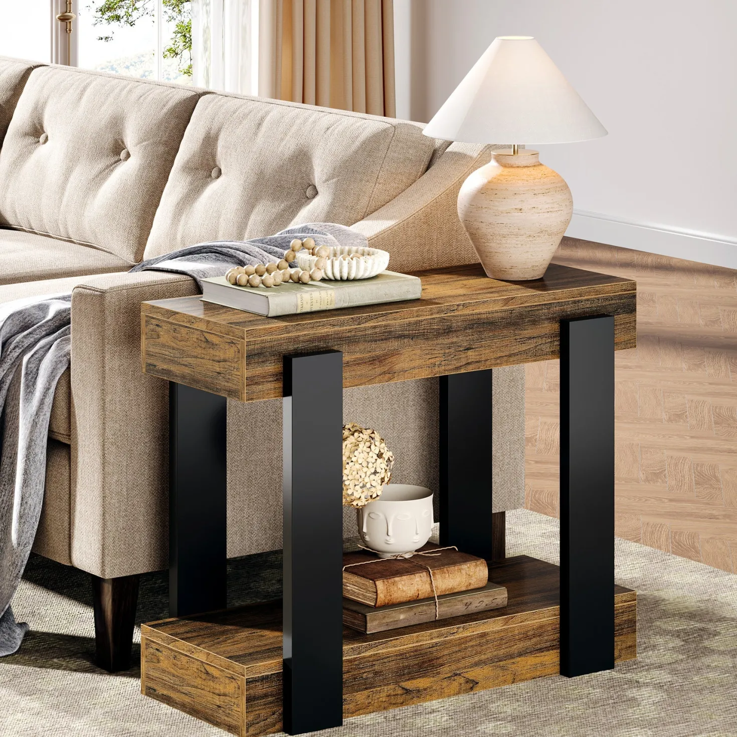 2-Tier End Table, Farmhouse Side Table with Storage Shelf for Living Room
