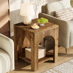2-Tier End Table, Farmhouse Square Side Table with Arch Design