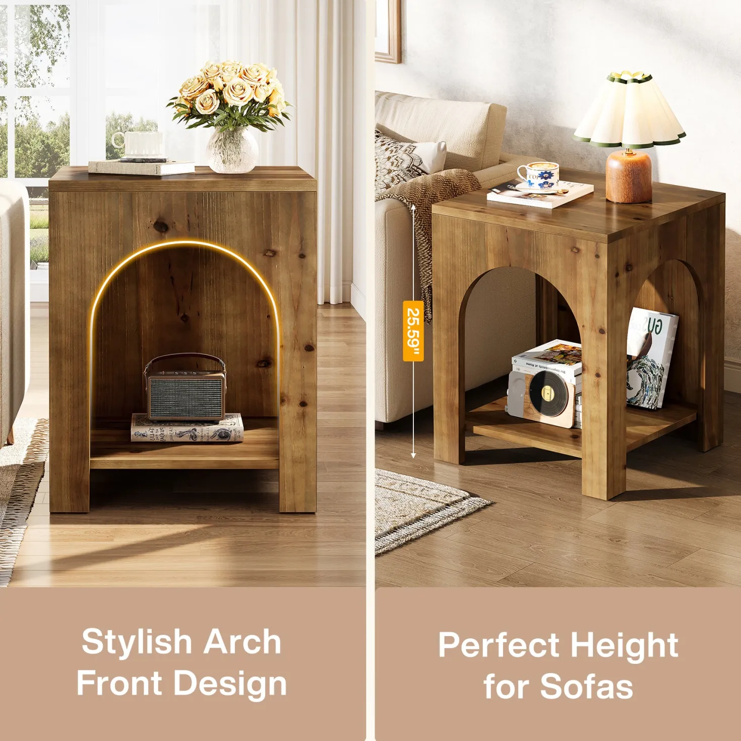 2-Tier End Table, Farmhouse Square Side Table with Arch Design