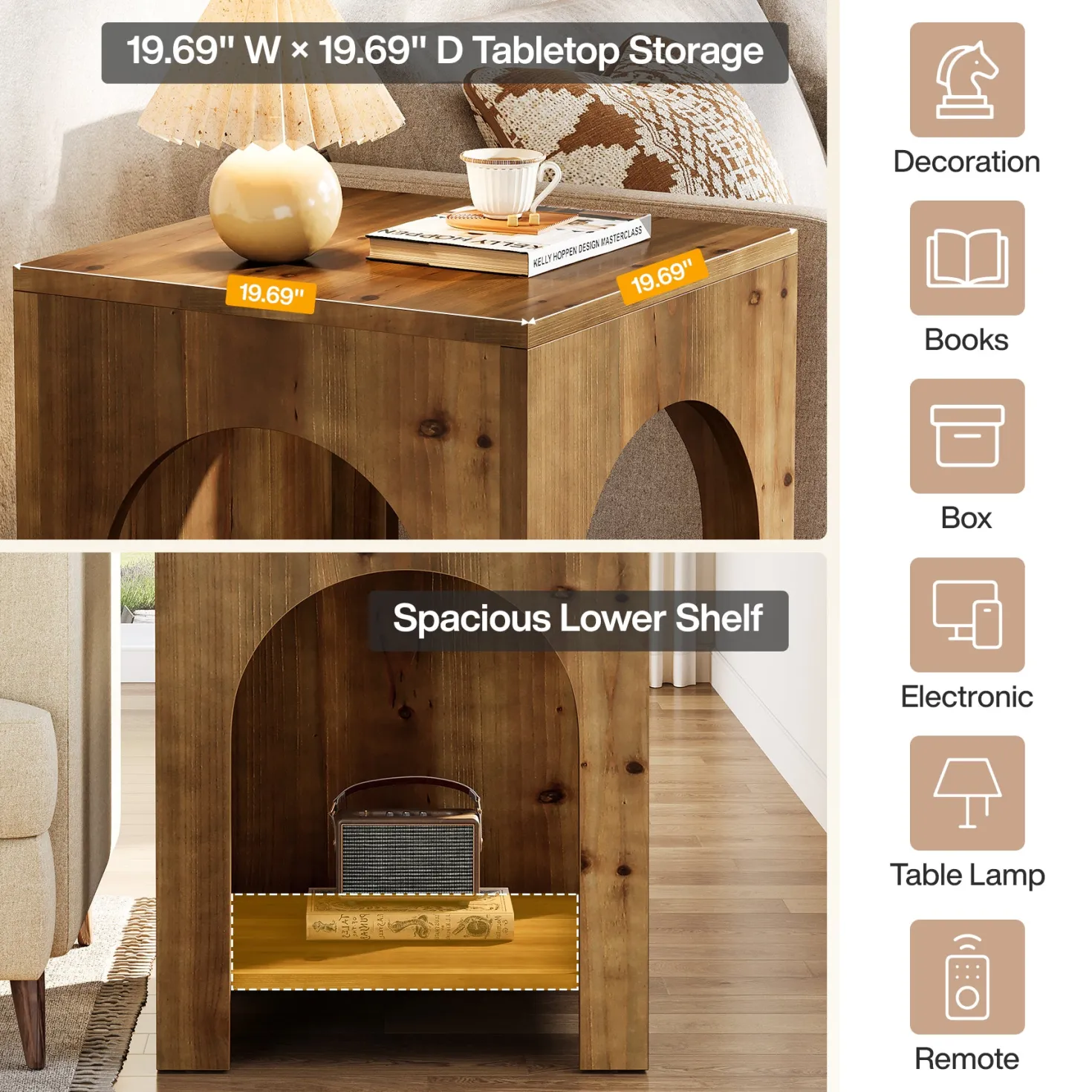 2-Tier End Table, Farmhouse Square Side Table with Arch Design