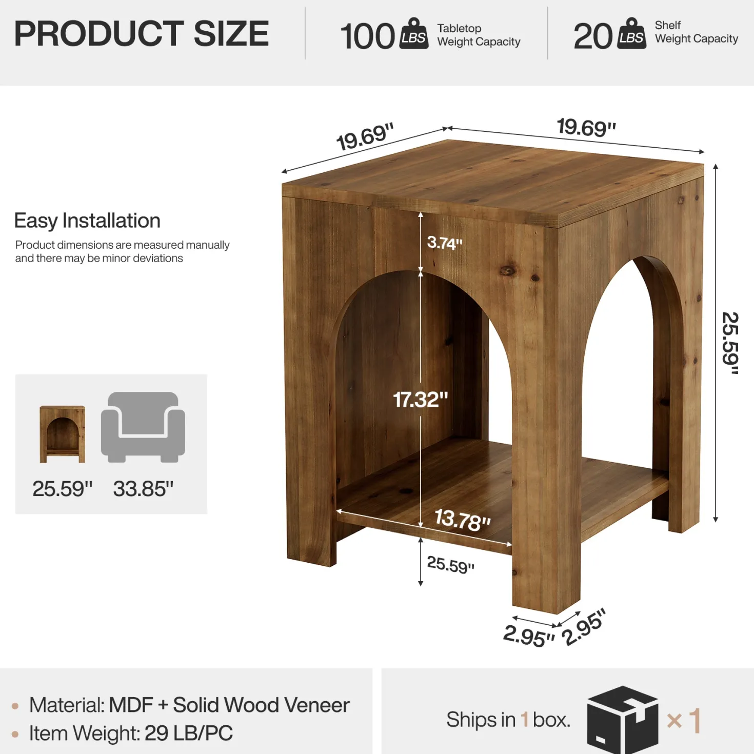 2-Tier End Table, Farmhouse Square Side Table with Arch Design