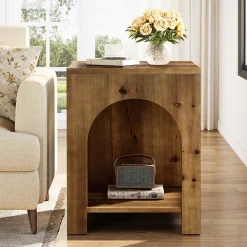 2-Tier End Table, Farmhouse Square Side Table with Arch Design