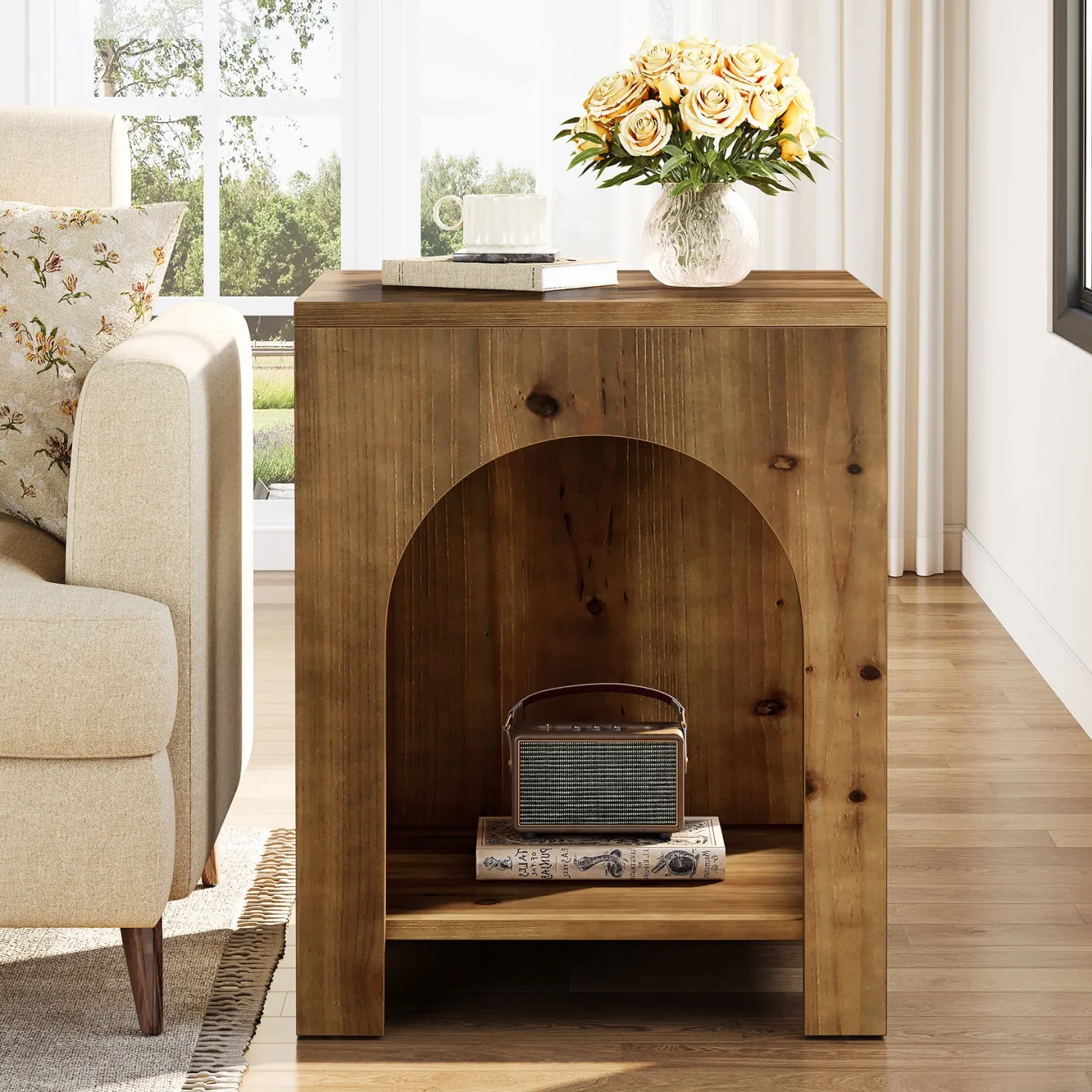 2-Tier End Table, Farmhouse Square Side Table with Arch Design