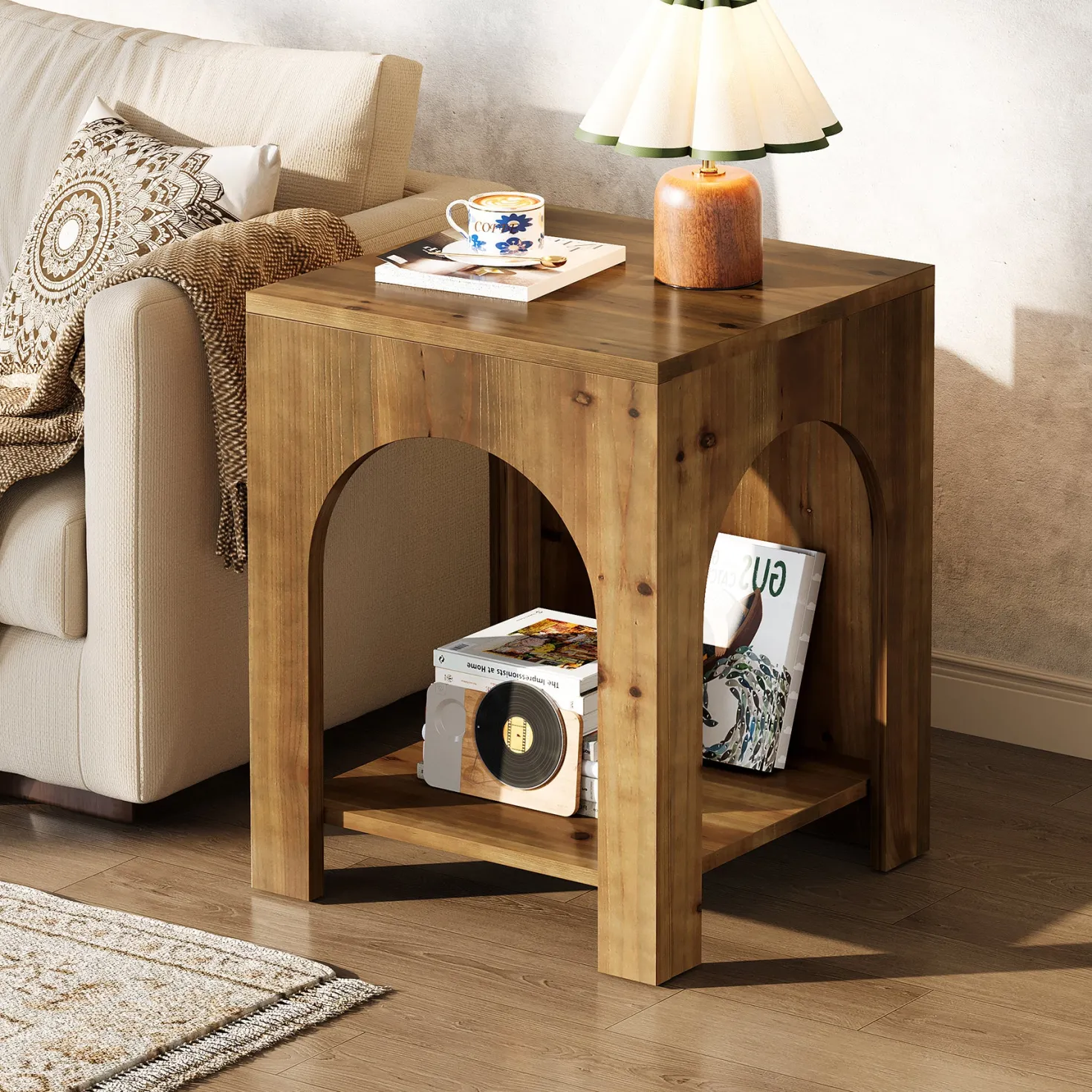 2-Tier End Table, Farmhouse Square Side Table with Arch Design