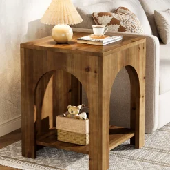 2-Tier End Table, Farmhouse Square Side Table with Arch Design