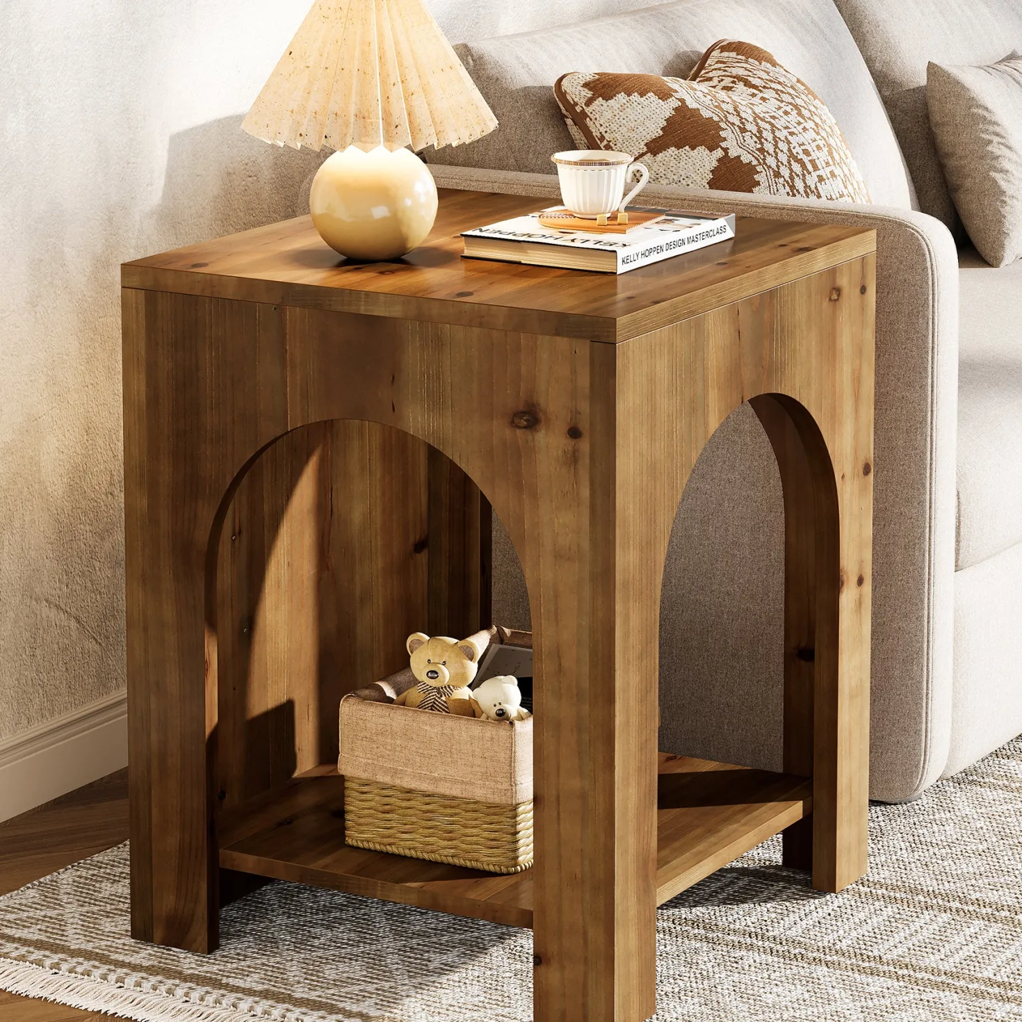 2-Tier End Table, Farmhouse Square Side Table with Arch Design