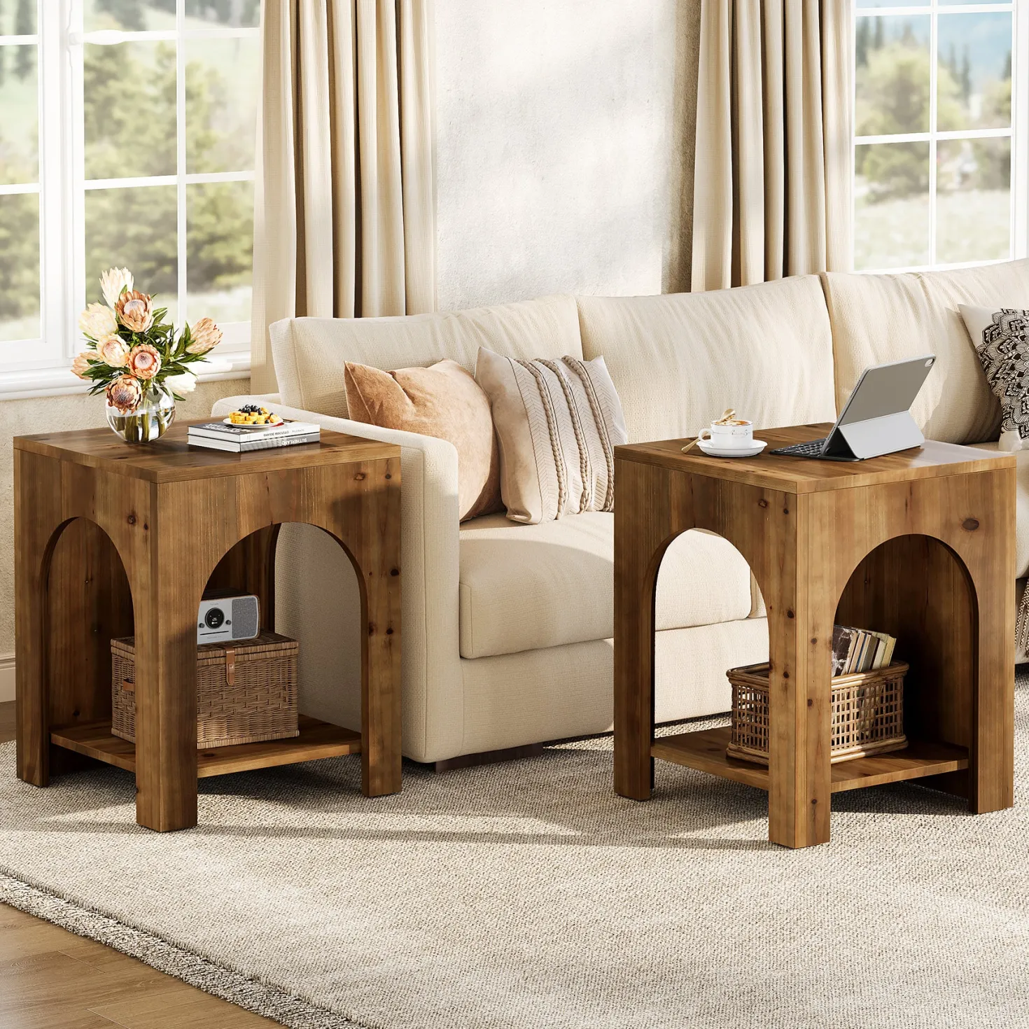 2-Tier End Table, Farmhouse Square Side Table with Arch Design