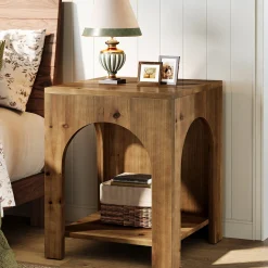 2-Tier End Table, Farmhouse Square Side Table with Arch Design