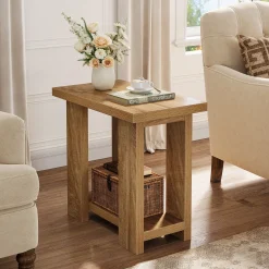 2-Tier End Table, Farmhouse Side Table with Storage Shelves for Small Space