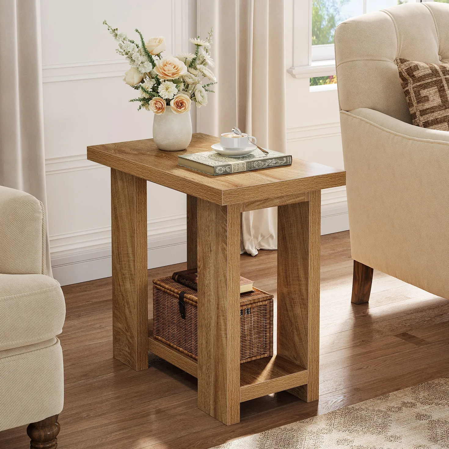 2-Tier End Table, Farmhouse Side Table with Storage Shelves for Small Space