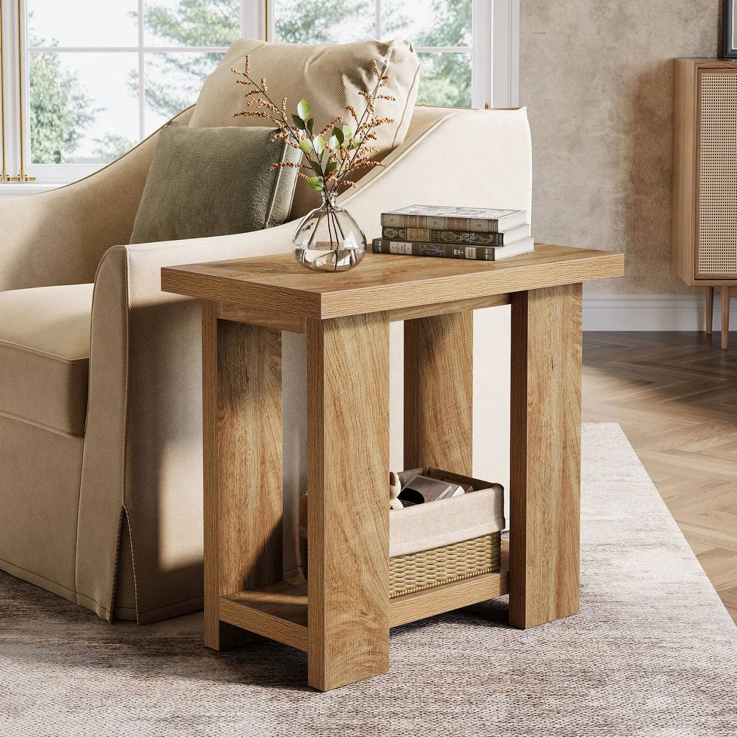 2-Tier End Table, Farmhouse Side Table with Storage Shelves for Small Space