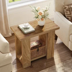 2-Tier End Table, Farmhouse Side Table with Storage Shelves for Small Space