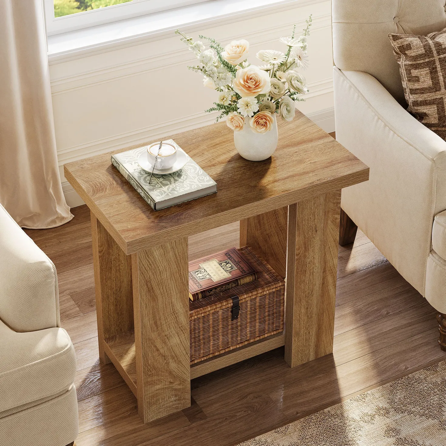 2-Tier End Table, Farmhouse Side Table with Storage Shelves for Small Space