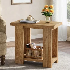 2-Tier End Table, Farmhouse Side Table with Storage Shelves for Small Space