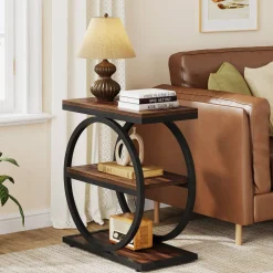 3-Tier End Table, Industrial Sofa Side Table with Round Metal Frame