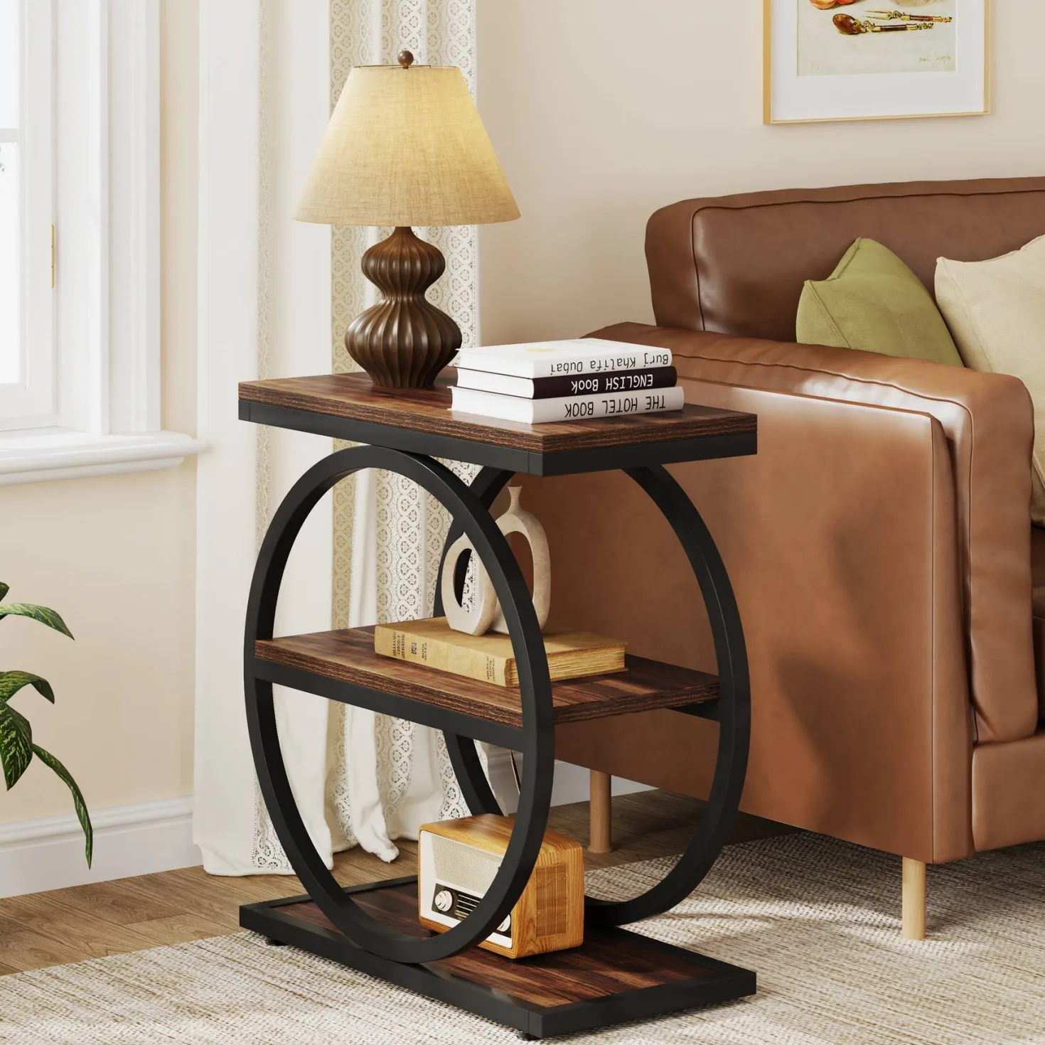 3-Tier End Table, Industrial Sofa Side Table with Round Metal Frame