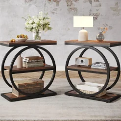 3-Tier End Table, Industrial Sofa Side Table with Round Metal Frame