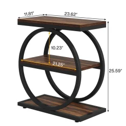 3-Tier End Table, Industrial Sofa Side Table with Round Metal Frame