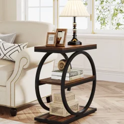 3-Tier End Table, Industrial Sofa Side Table with Round Metal Frame