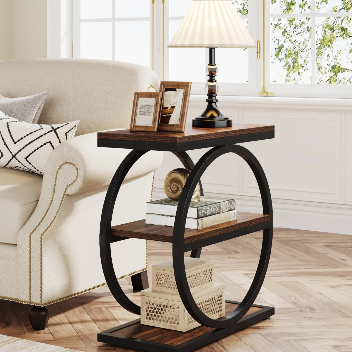 3-Tier End Table, Industrial Sofa Side Table with Round Metal Frame