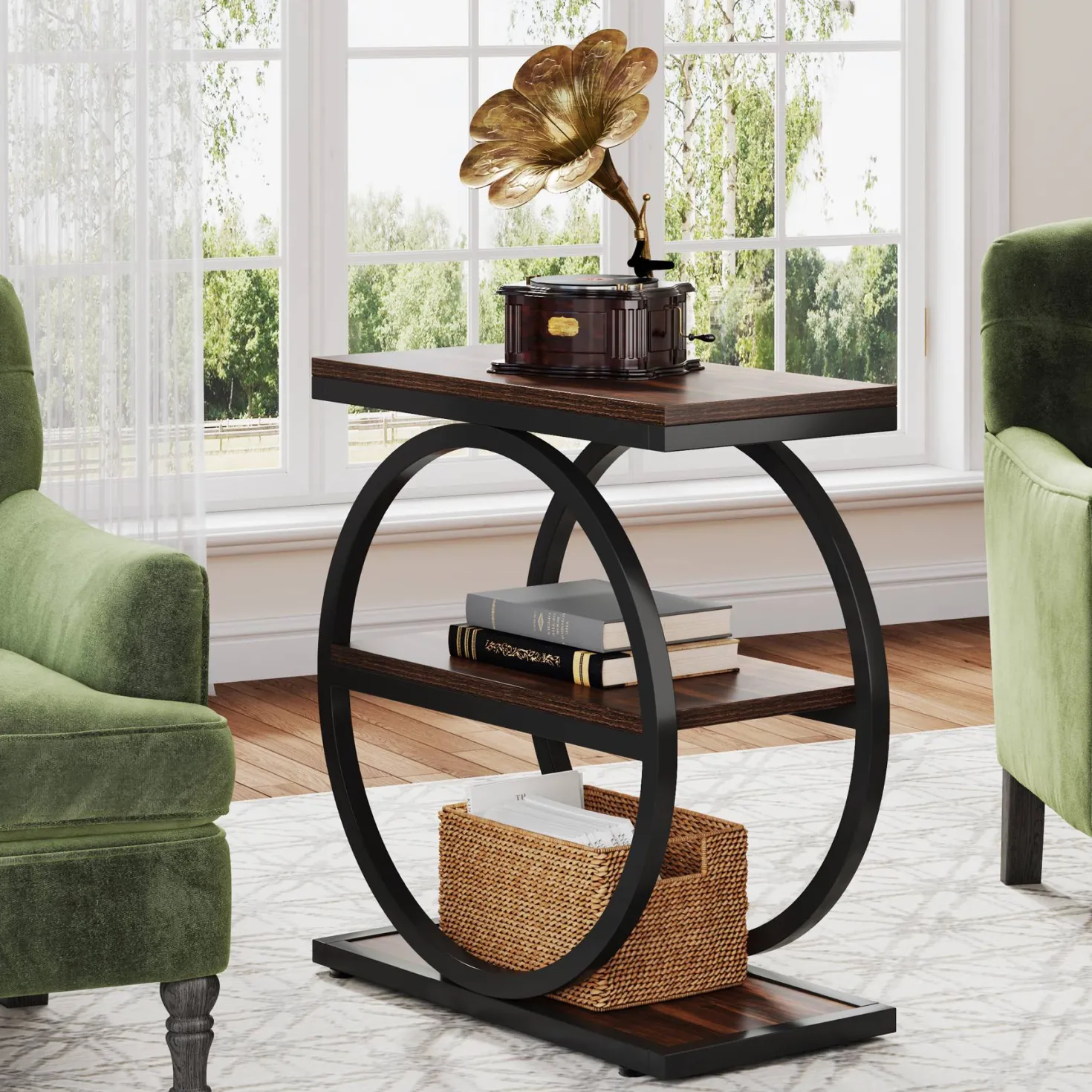 3-Tier End Table, Industrial Sofa Side Table with Round Metal Frame