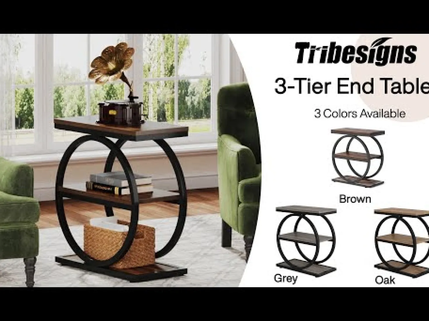 3-Tier End Table, Industrial Sofa Side Table with Round Metal Frame