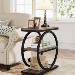 3-Tier End Table, Industrial Sofa Side Table with Round Metal Frame