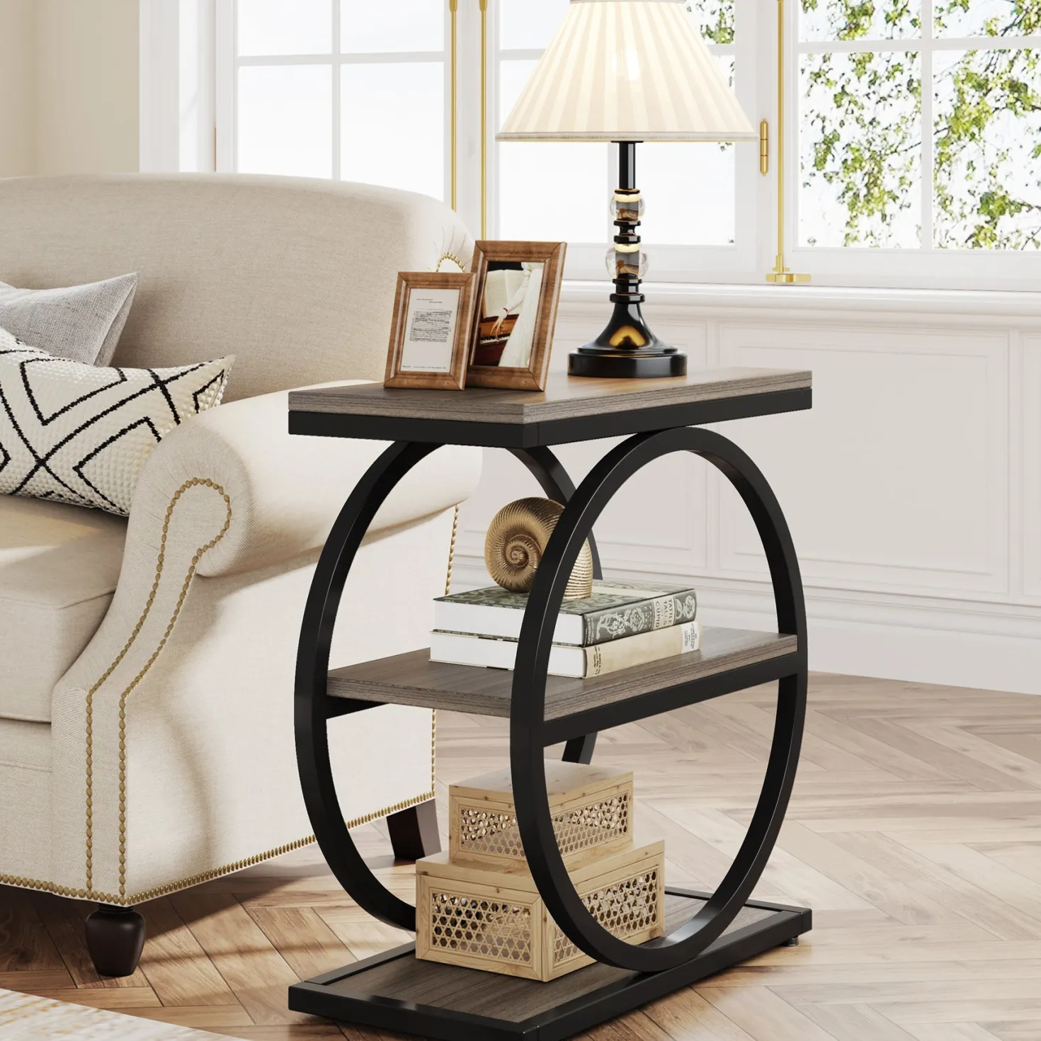 3-Tier End Table, Industrial Sofa Side Table with Round Metal Frame