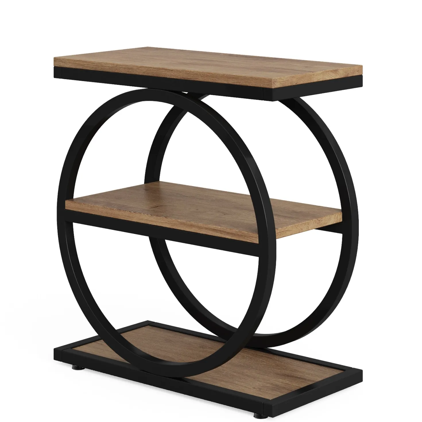 3-Tier End Table, Industrial Sofa Side Table with Round Metal Frame