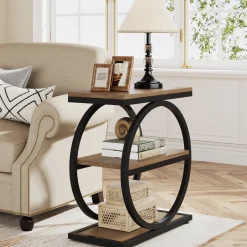 3-Tier End Table, Industrial Sofa Side Table with Round Metal Frame
