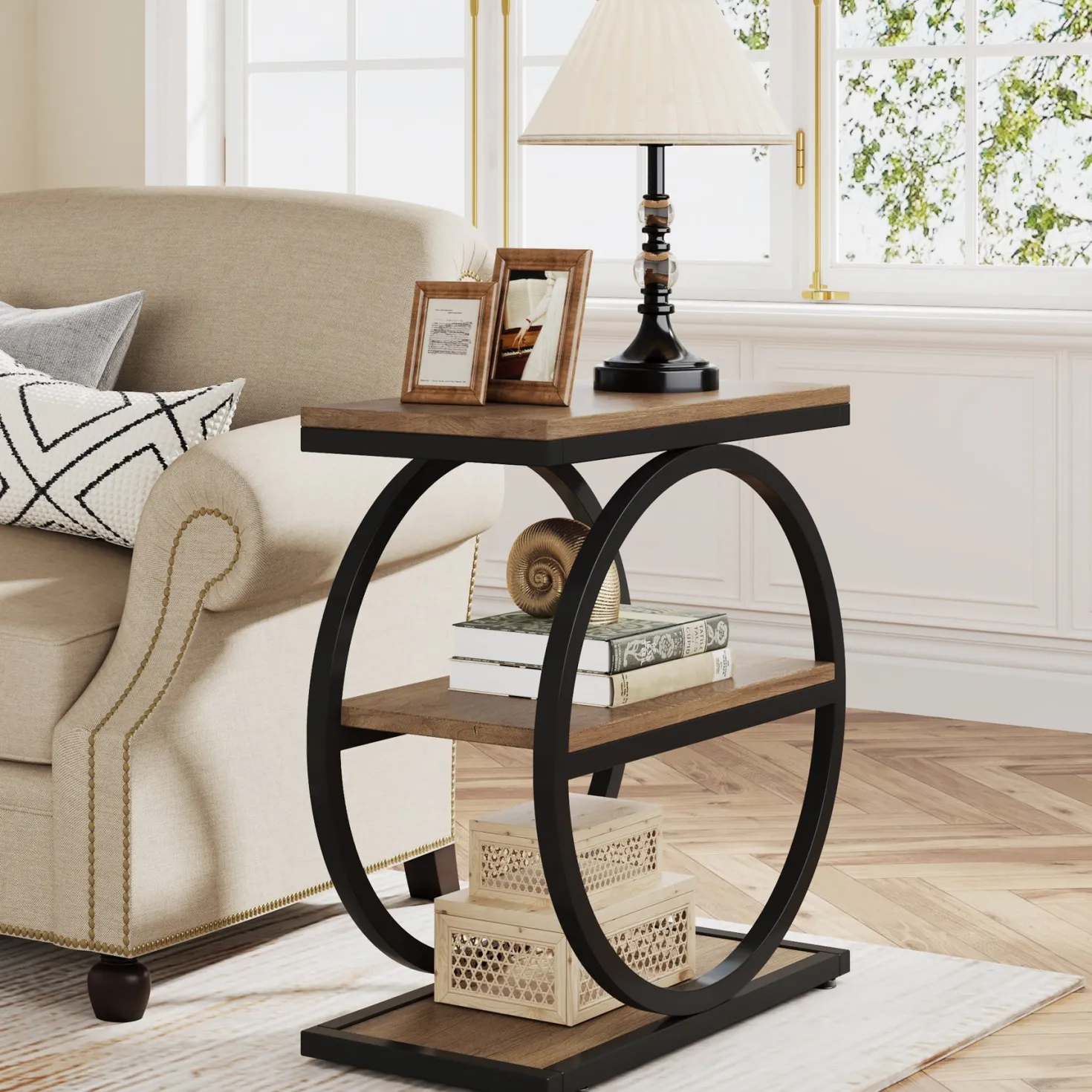 3-Tier End Table, Industrial Sofa Side Table with Round Metal Frame