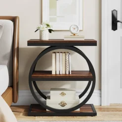 3-Tier End Table, Industrial Sofa Side Table with Round Metal Frame