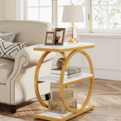3-Tier End Table, Industrial Sofa Side Table with Round Metal Frame