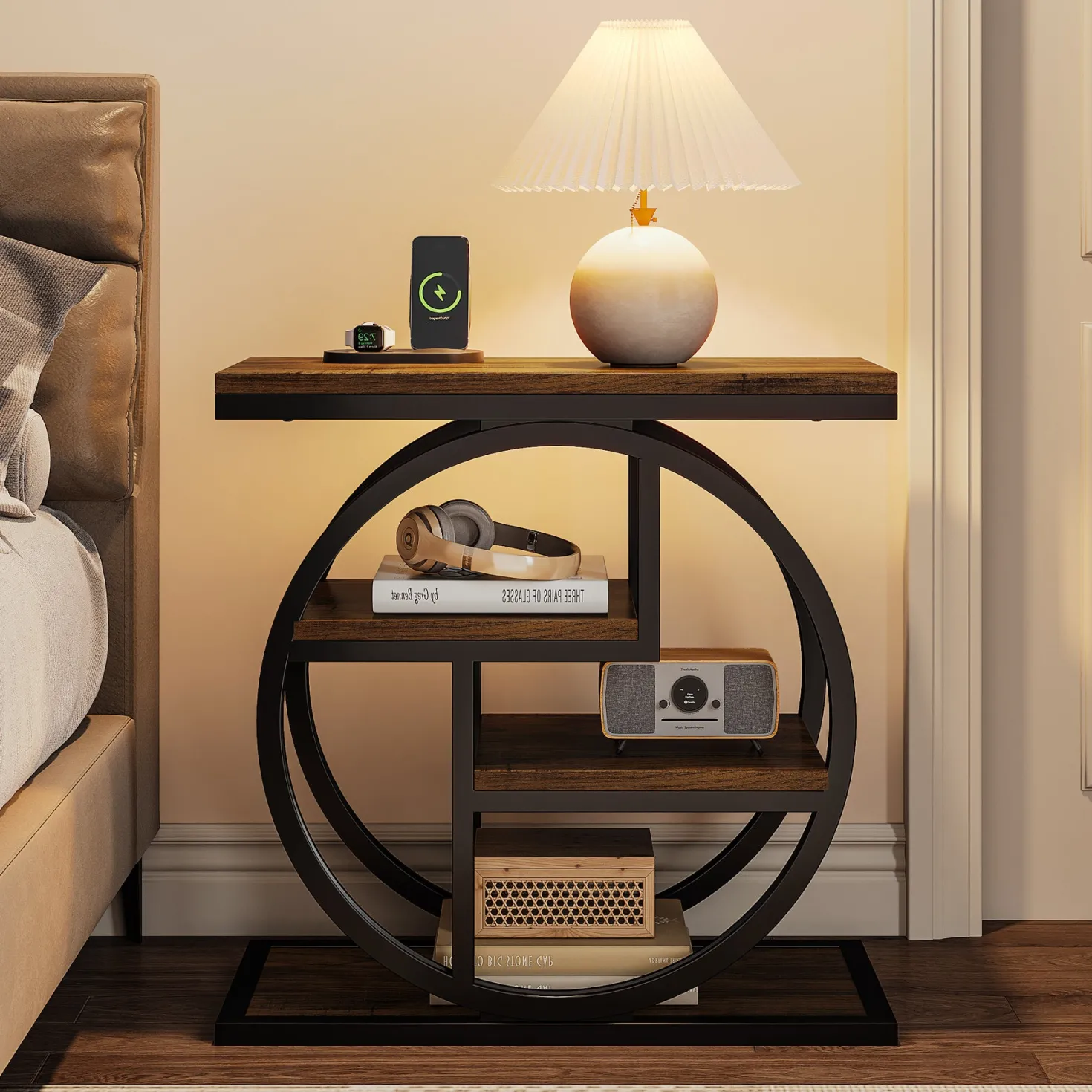 4-Tier End Table, Industrial Side Table with Storage Shelves for Living Room, Bedroom