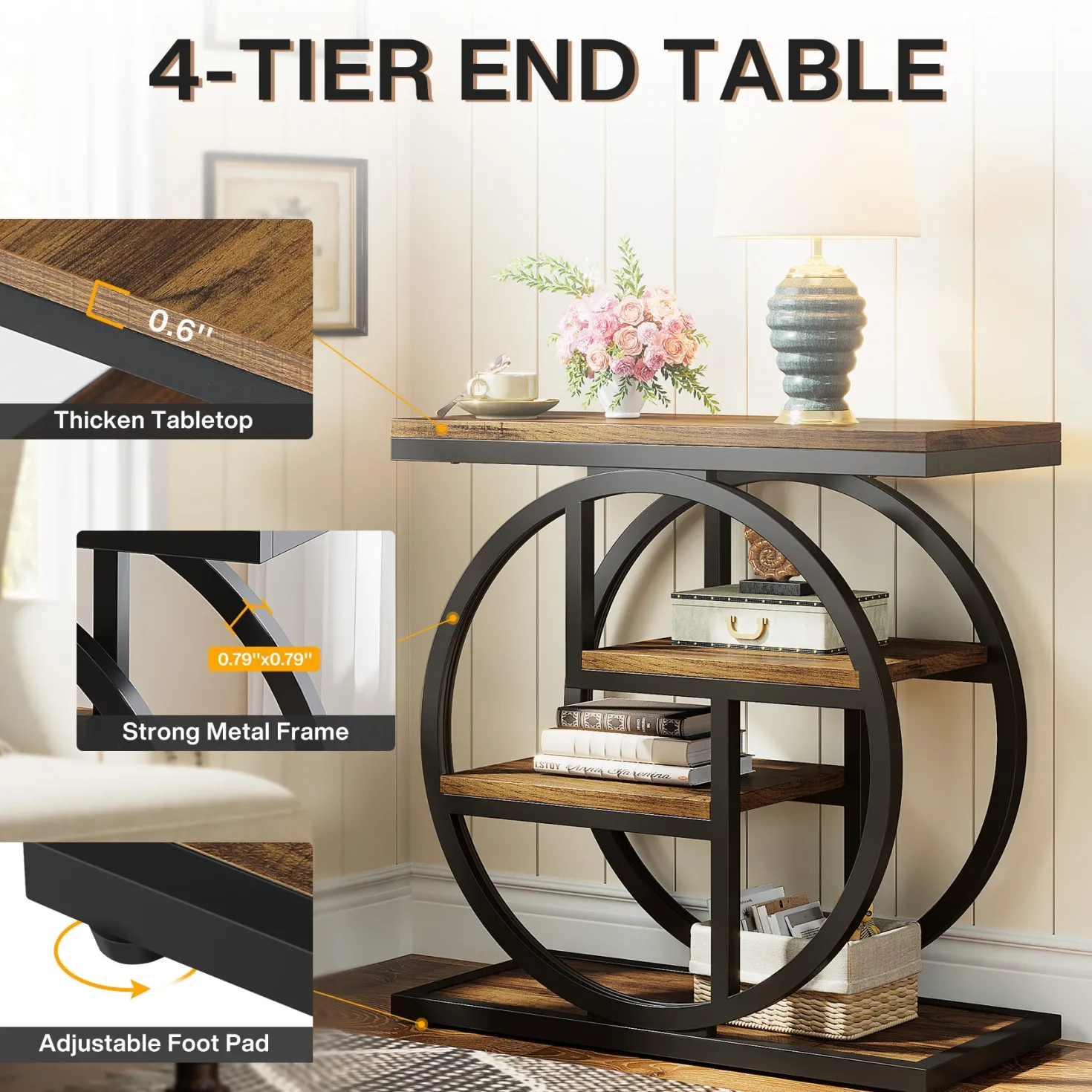 4-Tier End Table, Industrial Side Table with Storage Shelves for Living Room, Bedroom