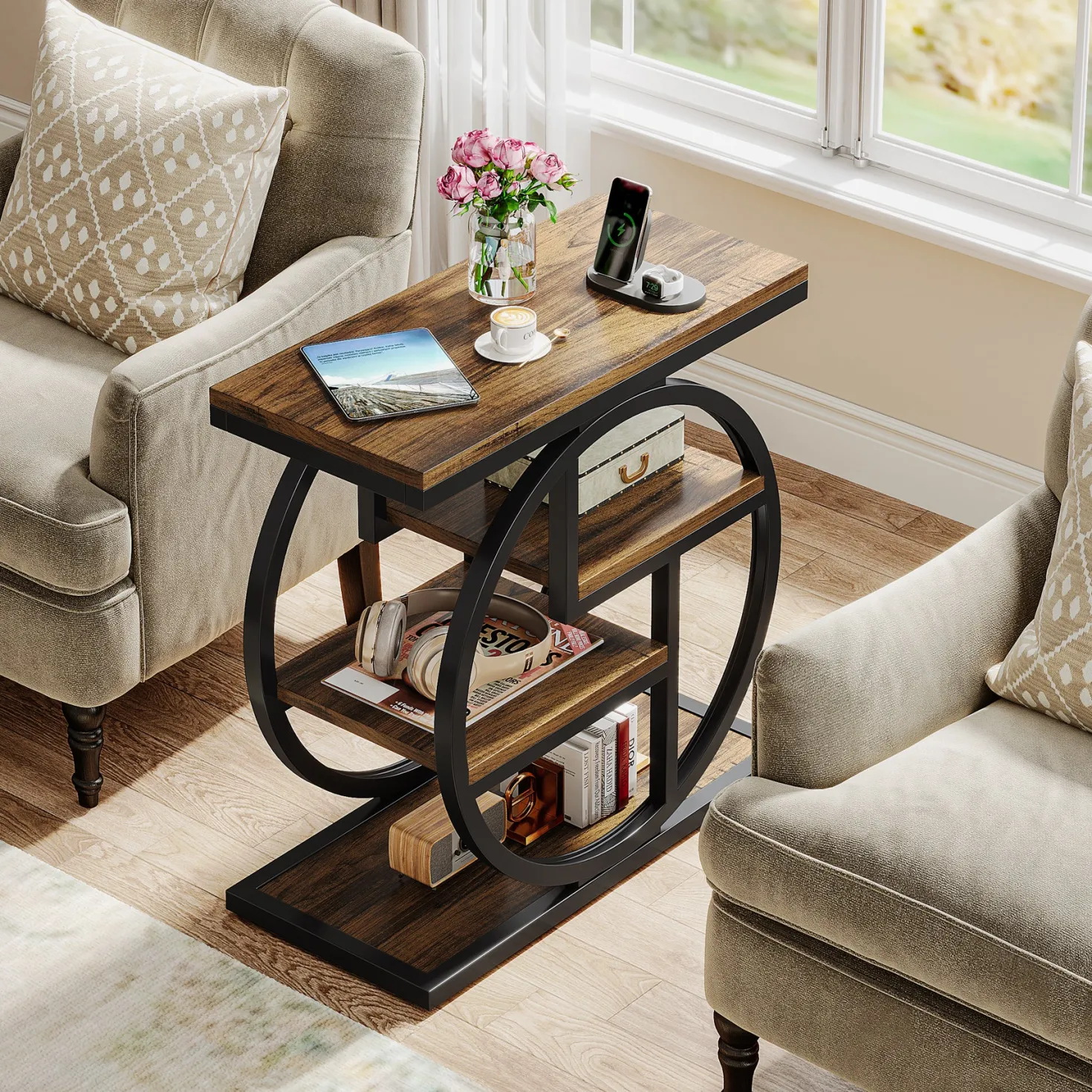 4-Tier End Table, Industrial Side Table with Storage Shelves for Living Room, Bedroom