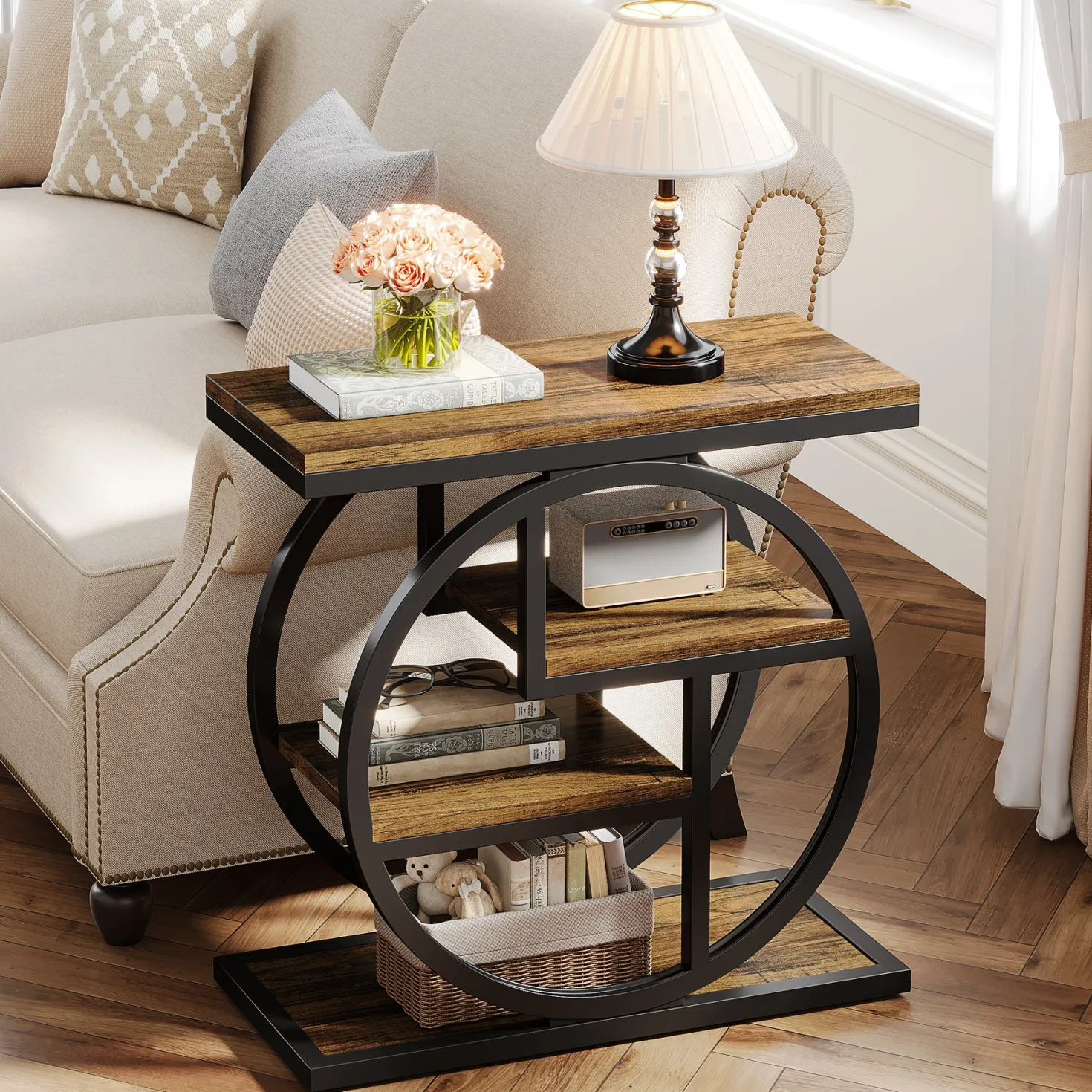 4-Tier End Table, Industrial Side Table with Storage Shelves for Living Room, Bedroom