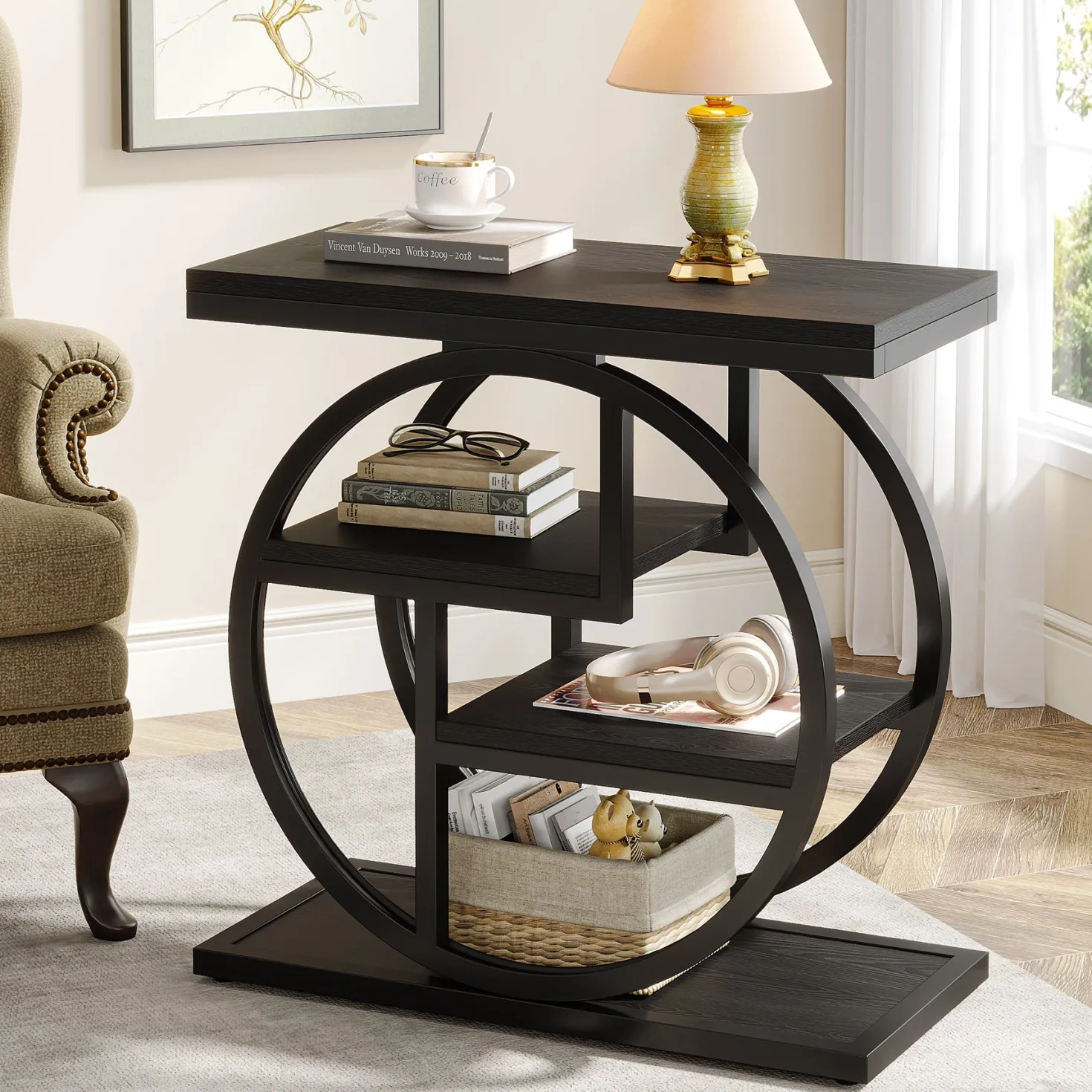 4-Tier End Table, Industrial Side Table with Storage Shelves for Living Room, Bedroom
