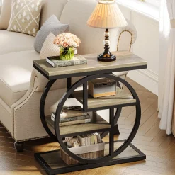 4-Tier End Table, Industrial Side Table with Storage Shelves for Living Room, Bedroom