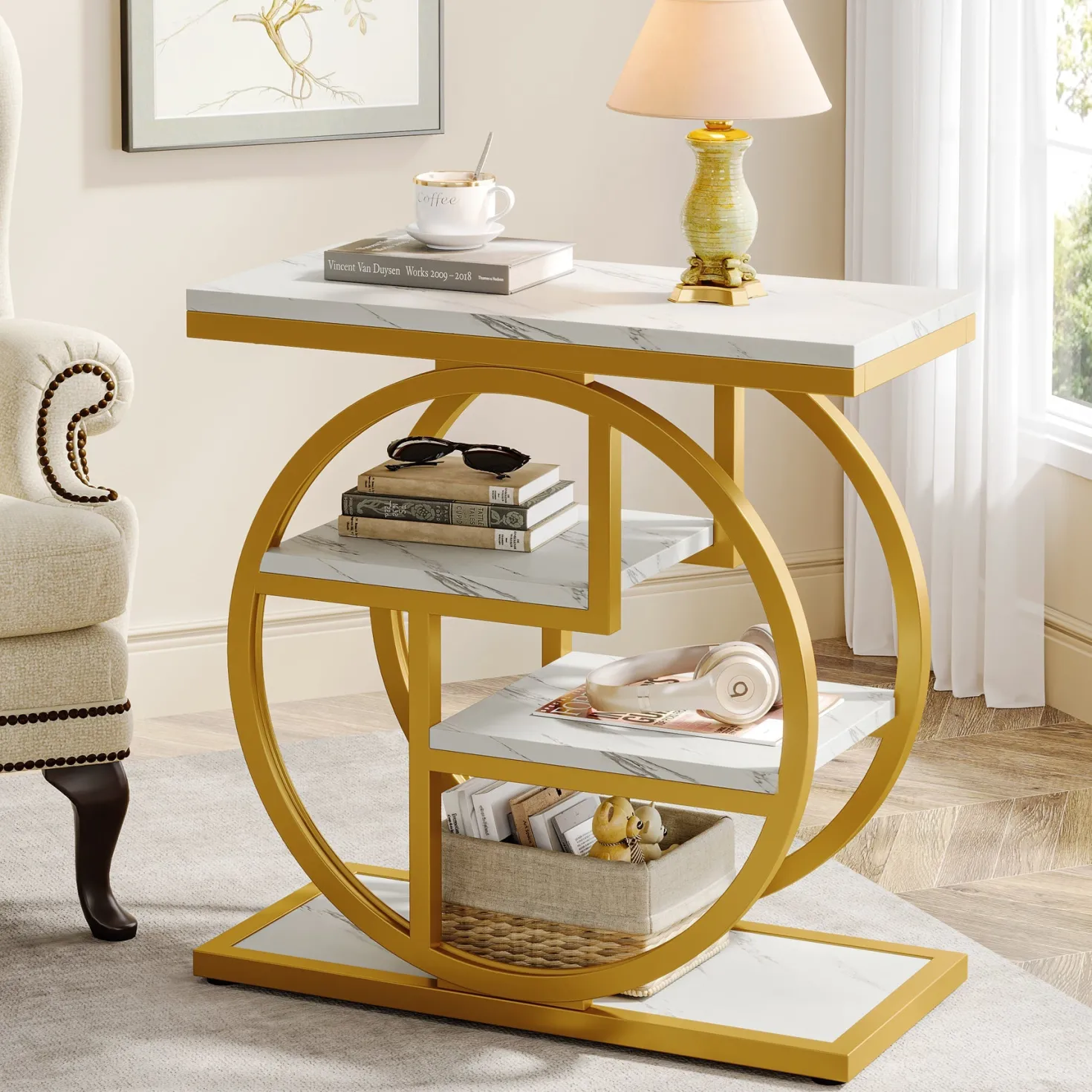 4-Tier End Table, Industrial Side Table with Storage Shelves for Living Room, Bedroom