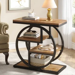4-Tier End Table, Industrial Side Table with Storage Shelves for Living Room, Bedroom