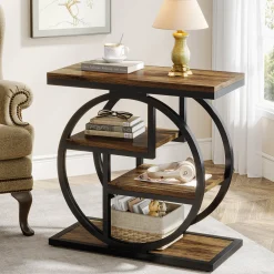 4-Tier End Table, Industrial Side Table with Storage Shelves for Living Room, Bedroom