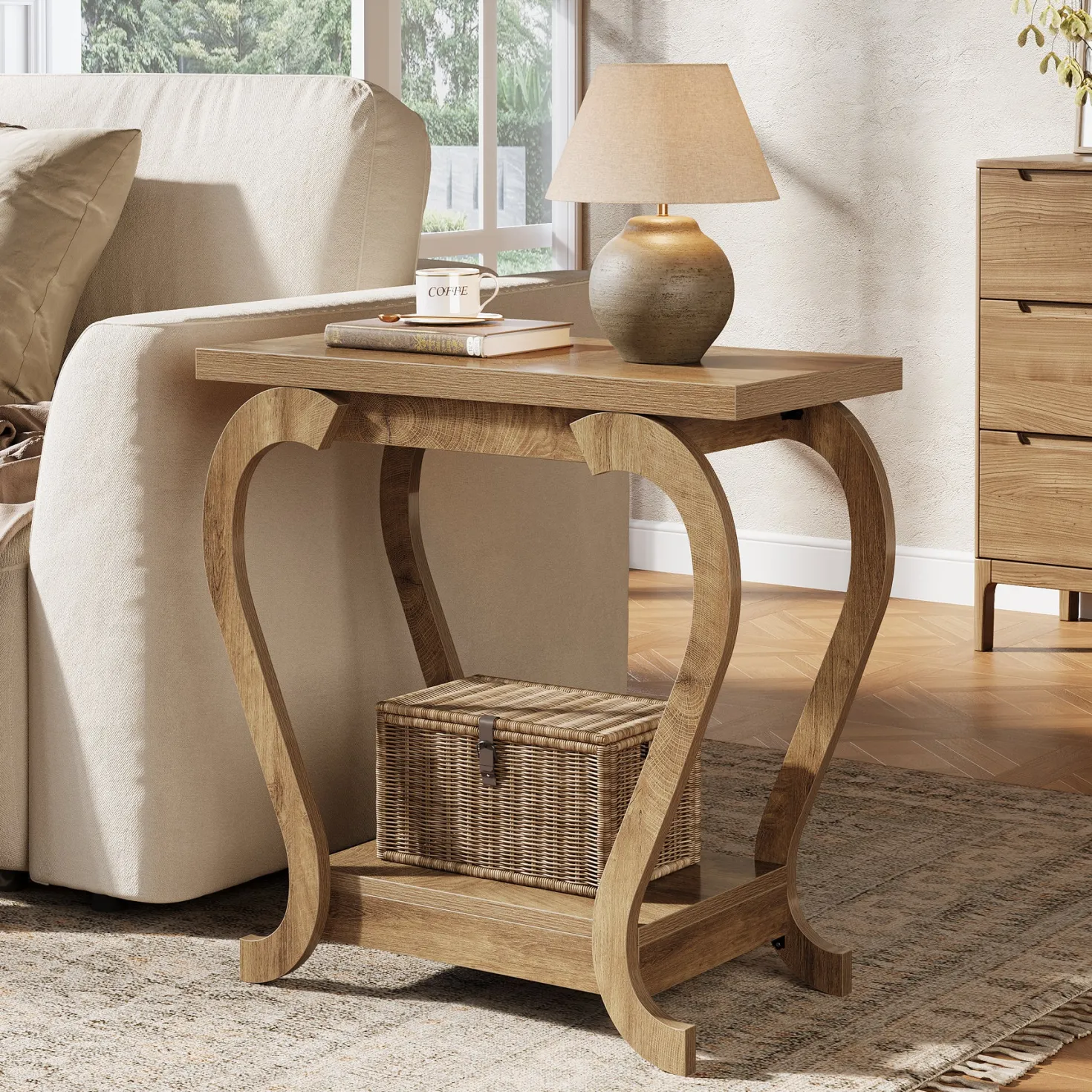 2-Tier End Table, Narrow Accent Side Table with with Storage Shelves