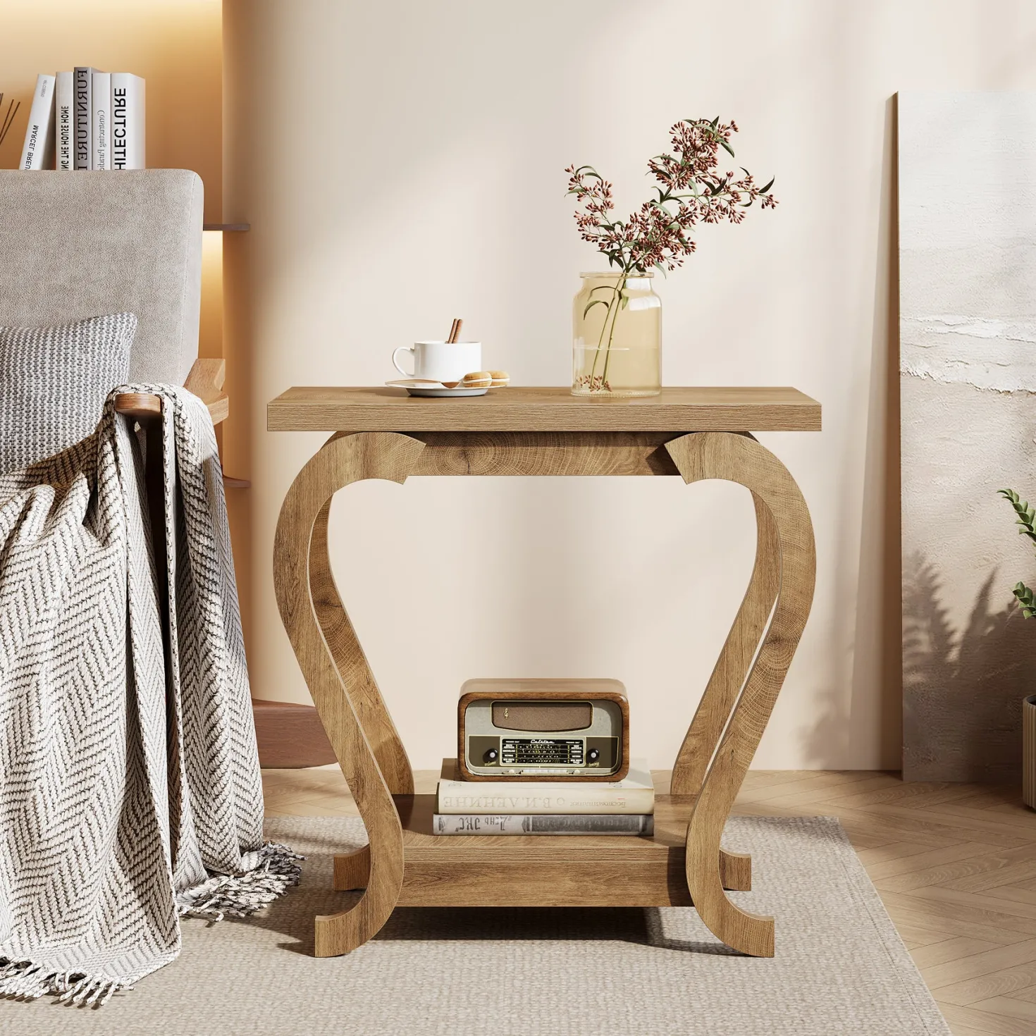 2-Tier End Table, Narrow Accent Side Table with with Storage Shelves