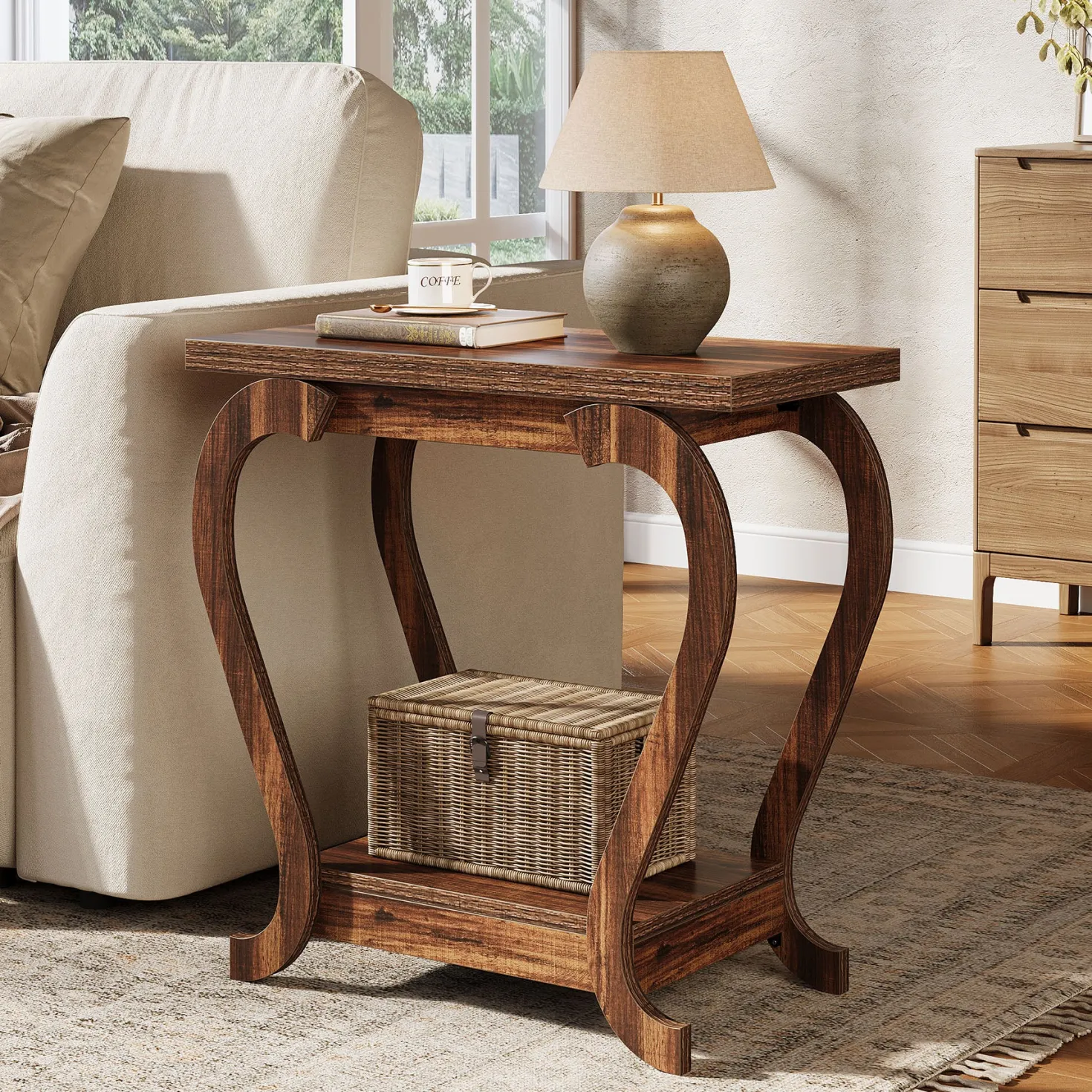 2-Tier End Table, Narrow Accent Side Table with with Storage Shelves
