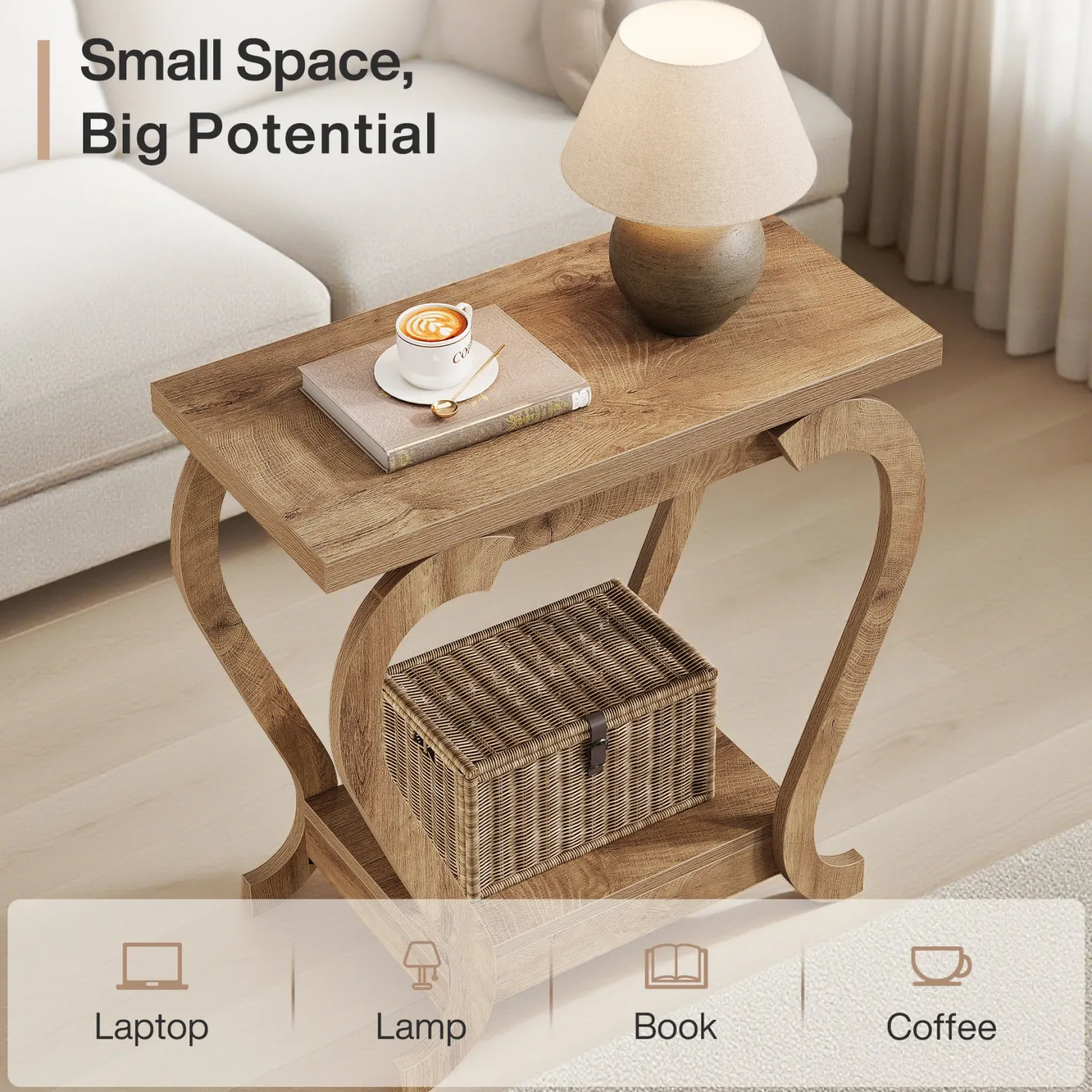 2-Tier End Table, Narrow Accent Side Table with with Storage Shelves