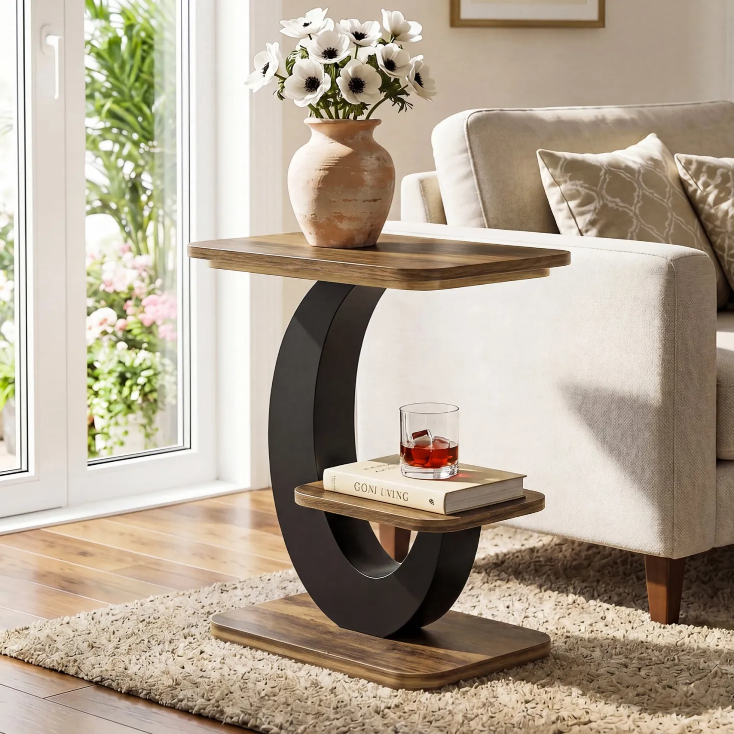 2-Tier End Table, Narrow Side Table with Metal Arc-Shaped Frame