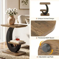 2-Tier End Table, Narrow Side Table with Metal Arc-Shaped Frame
