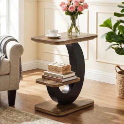 2-Tier End Table, Narrow Side Table with Metal Arc-Shaped Frame